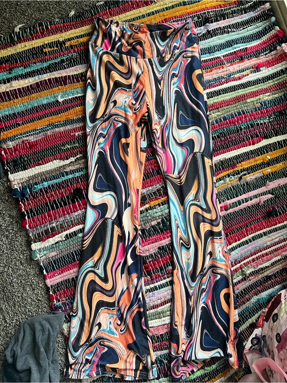 No Boundaries Multicolor Swirl Flared Leggings - Navy, Orange, Pink, Cream